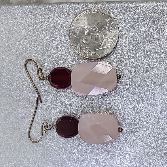 Earrings Dangle Pink Burgundy Red Handmade Jewelry Bohemian Mother of Pearl Cute - Picture 4 of 4